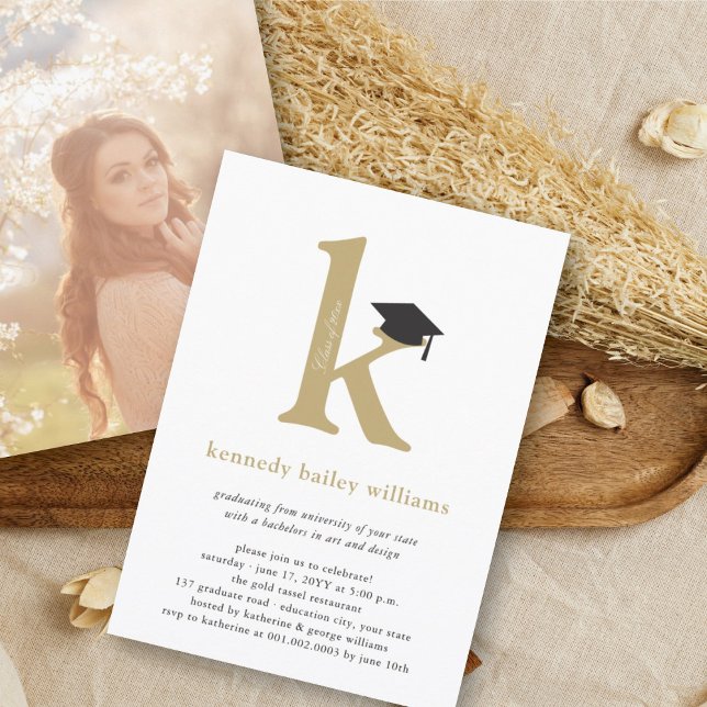 Classic Monogram Alphabet k Photo Graduation Party Invitation (Creator Uploaded)