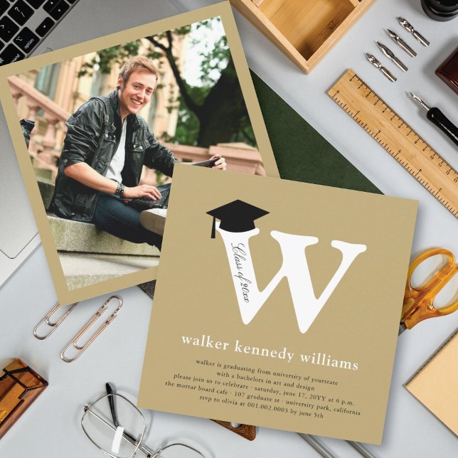 Classic Monogram Alphabet W Photo Graduation Party Invitation (Creator Uploaded)