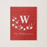 Classic Monogram and Name Red Floral Wreath Custom Jigsaw Puzzle<br><div class="desc">This stylish Christmas puzzle features your name and monogram along with a lovely floral wreath in red and white.</div>