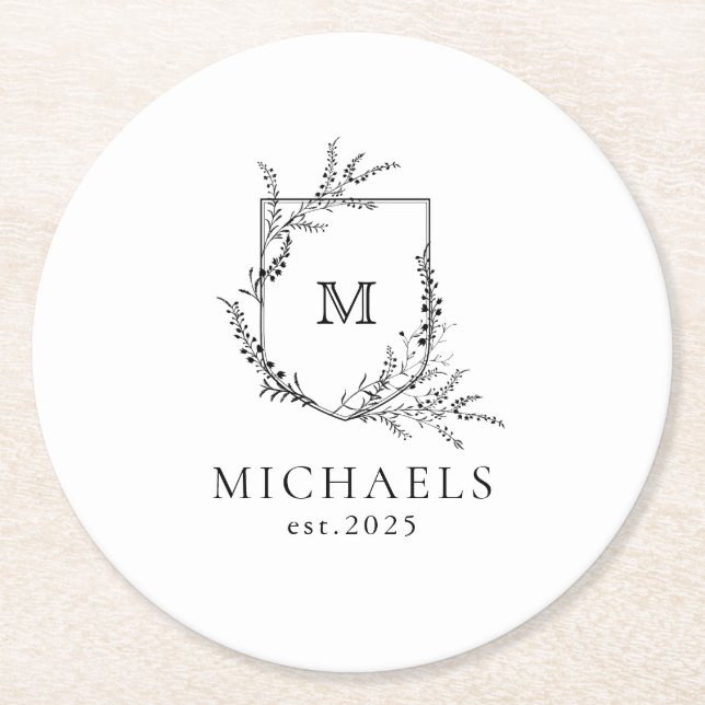 Classic Monogram Black and White  Round Paper Coas Coaster (Front)