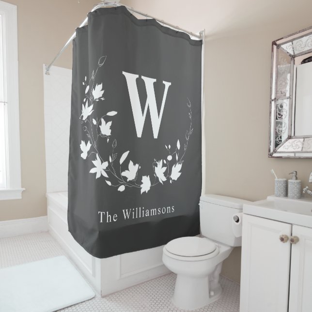 Classic Monogram Black White Floral Modern Custom  Shower Curtain (In Situ)