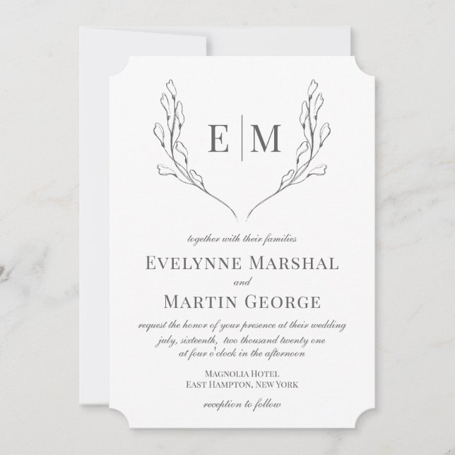 Classic Monogram Black White Floral Wedding Invitation (Front)