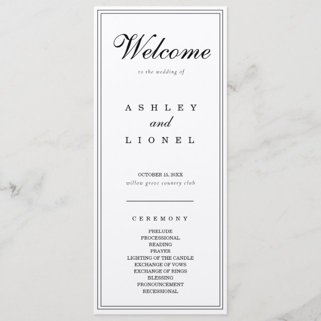 Classic Monogram Black & White Simple Wedding Programme (Front)