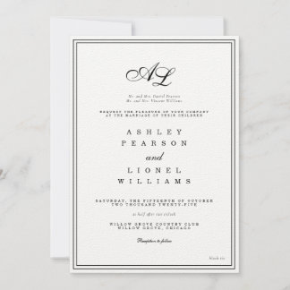 Classic Monogram Black & White Traditional Wedding Invitation