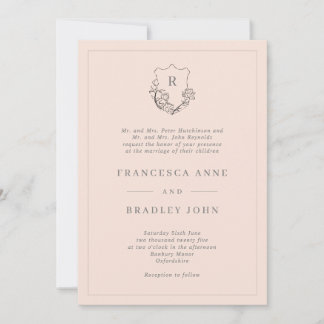 Classic Monogram Blush Jasmine Crest Wedding Invitation