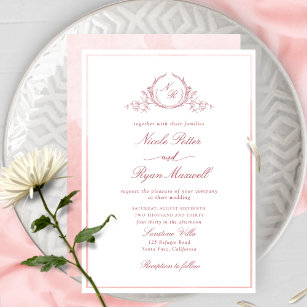 Classic Monogram Blush Pink Watercolor Wedding Invitation