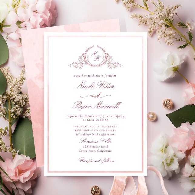 Classic Monogram Blush Pink Watercolor Wedding Invitation (Creator Uploaded)