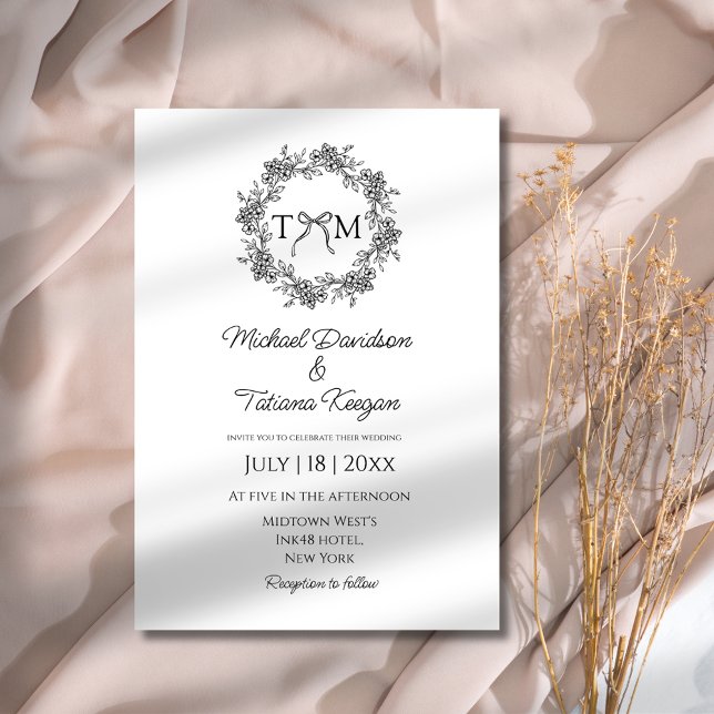 classic monogram botanical floral ribbon  wedding invitation (Creator Uploaded)