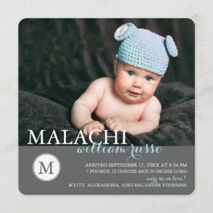 Classic Monogram Boy Birth Announcement / Blue