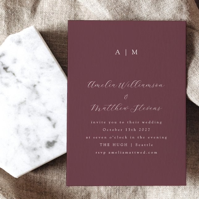 Classic Monogram Burgundy Script Wedding Invitation (Creator Uploaded)
