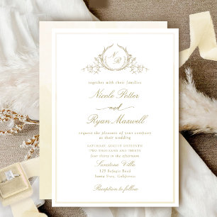 Classic Monogram Champagne Watercolor Wedding Invitation