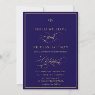 Classic Monogram Cobalt Blue Gold Wedding Invitation