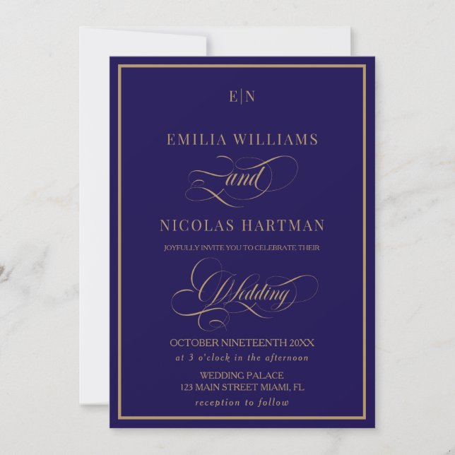 Classic Monogram Cobalt Blue Gold Wedding Invitation (Front)