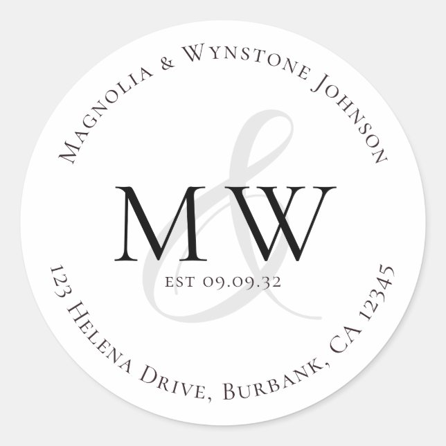 Classic Monogram Couple Return Address Round Sticker (Front)