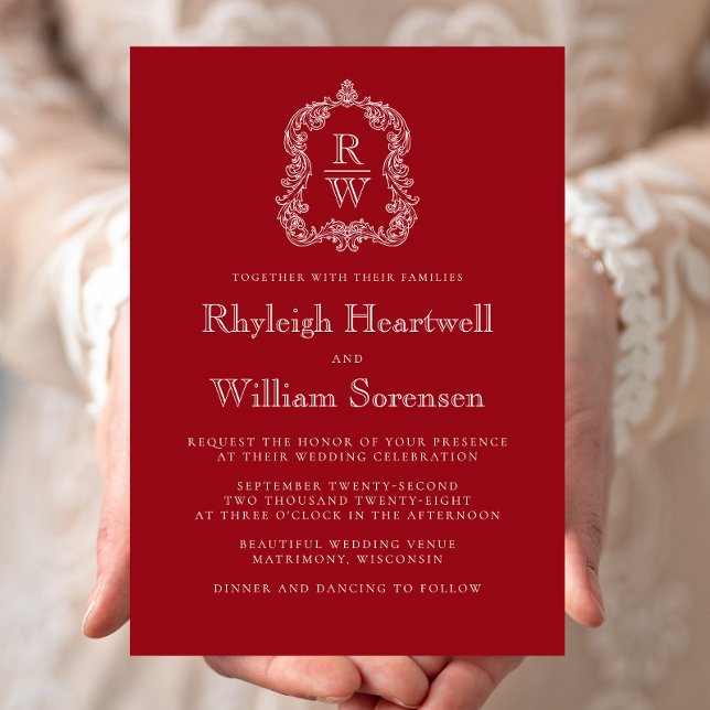 Classic Monogram Crest Cranberry Red Wedding Invitation (Creator Uploaded)