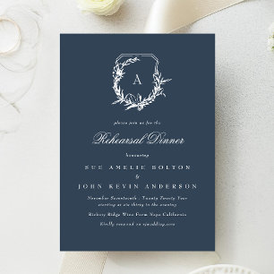 classic monogram crest navy blue rehearsal dinner invitation