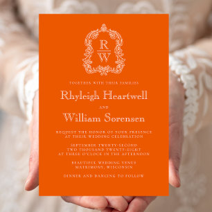 Classic Monogram Crest Persimmon Orange Wedding Invitation