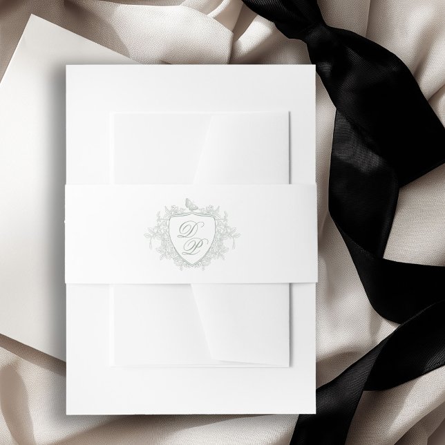 Classic monogram crest sage green wedding invitation belly band (Creator Uploaded)