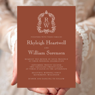 Classic Monogram Crest Terracotta Wedding Invitation