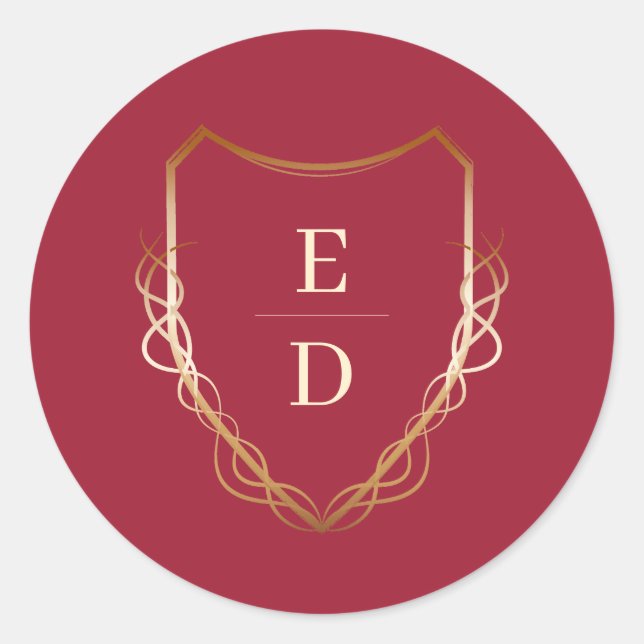 Classic Monogram Crimson Red Golden   Classic Round Sticker (Front)