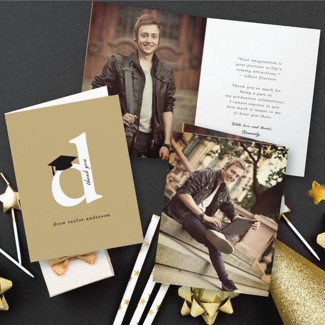 Classic Monogram D Graduation Cap Modern Photo Thank You Card (Classic Monogram K Graduation Cap Modern Thank You Photo Folded Card @ zazzle.com/color_therapy)