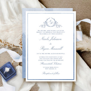 Classic Monogram Dusty Blue Watercolor Wedding Invitation