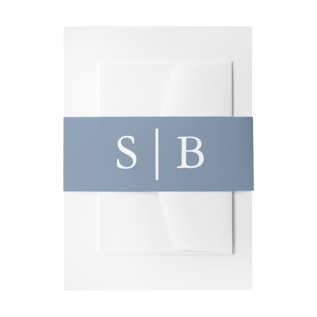 Classic Monogram Dusty Blue Wedding Invitation Belly Band (Front Example)