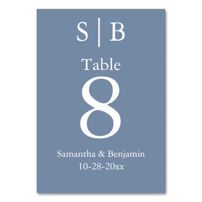Classic Monogram Dusty Blue Wedding Table Number (Front)