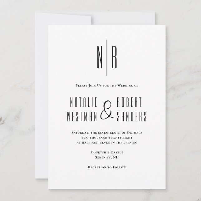 Classic Monogram Elegant Black White Wedding Invitation (Front)