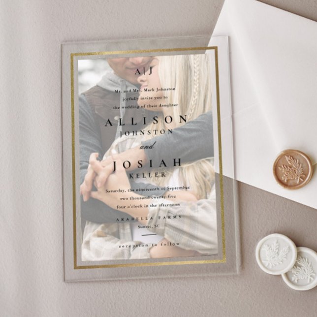 Classic Monogram Elegant Photo Wedding Acrylic Invitations (Elegant gold monogram acrylic photo wedding invitations.)