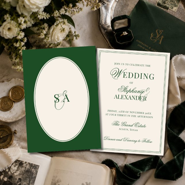 Classic Monogram Emerald Green Old Money Wedding Invitation (Creator Uploaded)