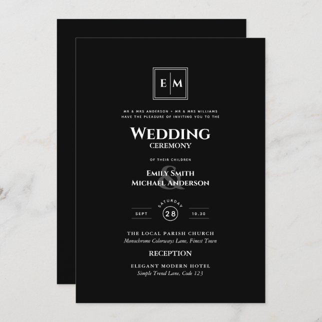 Classic Monogram Formal Wedding Black All in 1  Invitation (Front/Back)