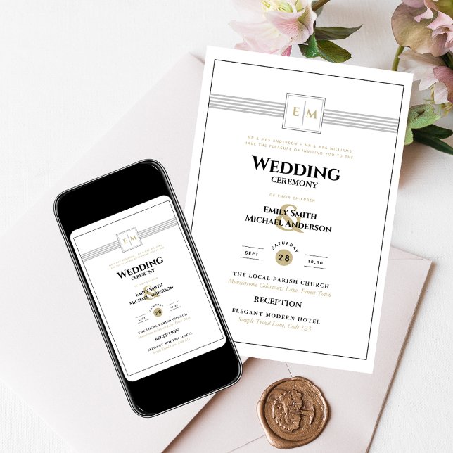 Classic Monogram Formal Wedding White All in 1 Inv Invitation (Creator Uploaded)