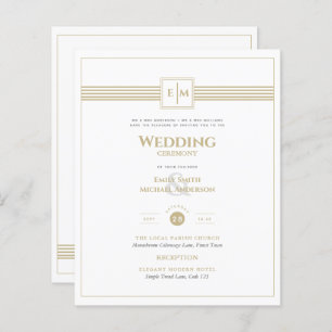 Classic Monogram Formal Wedding White Gold Invite