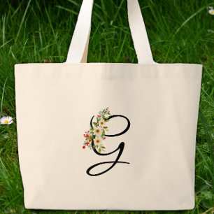 Classic monogram G red white flower mother gift Large Tote Bag