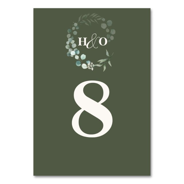 Classic Monogram Garden Eucalyptus Wedding Table Number (Front)
