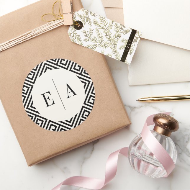Classic Monogram Geometric Greek Key Chic Wedding Round Sticker (Gifting)