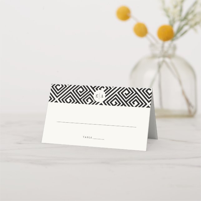 Classic Monogram Geometric Greek Key Wedding Place Card (Front)