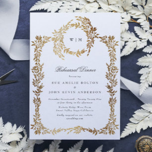 Classic Monogram Gold Crest Rehearsal Dinner Invitation