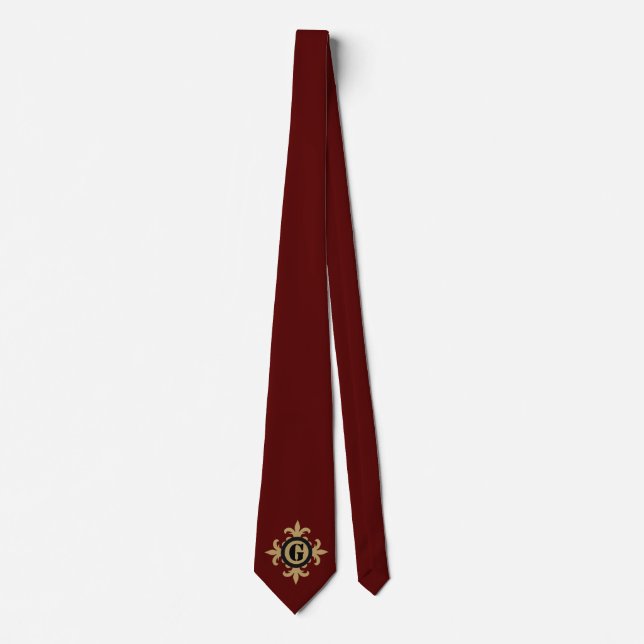 Classic Monogram gold Fleur De Lis dark red Tie (Front)