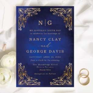 Classic Monogram Gold Frame Ornate Blue Wedding Invitation