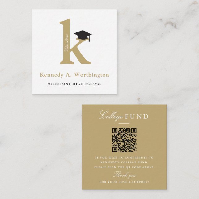 Classic Monogram Gold 'K' Graduation College Fund Enclosure Card (Front/Back)