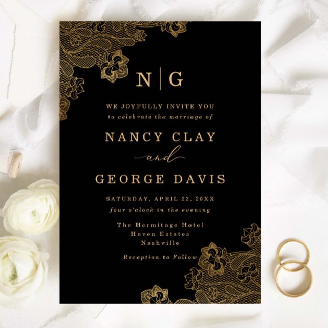 Classic Monogram Gold Lace Ornate Black Wedding Invitation (Creator Uploaded)