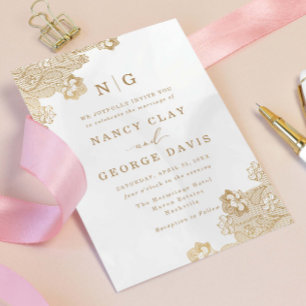 Classic Monogram Gold Lace Ornate Cream Wedding Invitation