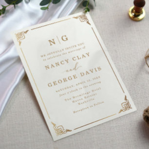 Classic Monogram Gold Ornate Frame Wedding Invitation