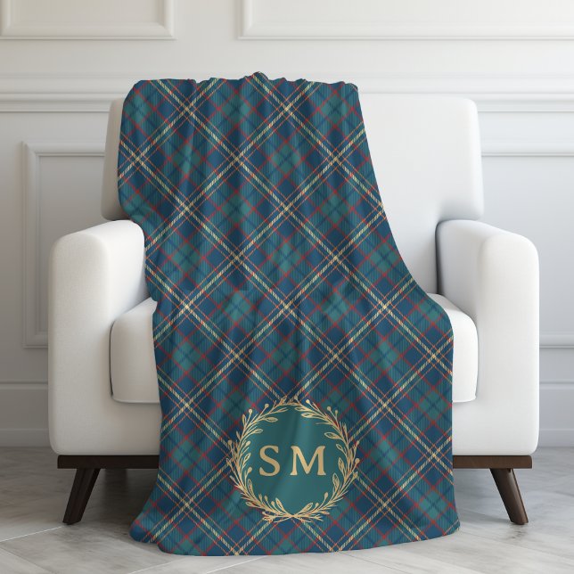 Classic Monogram Gold Wreath Green Tartan Plaid Fleece Blanket (Creator Uploaded)