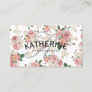 Classic Monogram Grey Vintage Floral Pattern Business Card