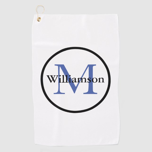 Classic Monogram Initial & Last Name Blue & Black Golf Towel (Front)