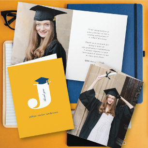 Classic Monogram J Graduation Cap Modern Photo Thank You Card
