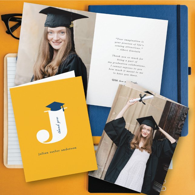 Classic Monogram J Graduation Cap Modern Photo Thank You Card (Classic Graduate's Monogram J Graduation Cap Modern Photo Thank You Card @ zazzle.com/color_therapy)